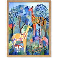 Artery8 Wall Art Print Grazing Animals Folk Art Watercolour Painting Art Framed in Light Oak | Size: W12" x H16"