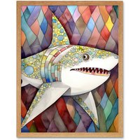 Artery8 Wall Art Print Great White Shark Folk Art Watercolour Painting Art Framed in Light Oak | Size: W12" x H16"