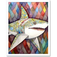 Artery8 Wall Art Print Great White Shark Folk Art Watercolour Painting Art Framed | Size: W12" x H16"
