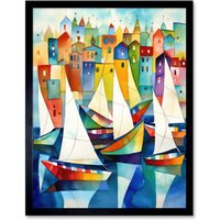 Artery8 Wall Art Print Harbour Boats Folk Art Watercolour Painting Art Framed in Black | Size: W12" x H16"