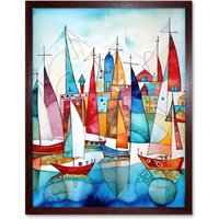 Artery8 Wall Art Print Harbour Boats Abstract Folk Art Watercolour Painting Art Framed in Brown | Size: W12" x H16"