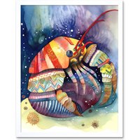 Artery8 Wall Art Print Hermit Crab Folk Art Watercolour Painting Art Framed in White | Size: W12" x H16"