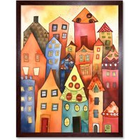 Artery8 Wall Art Print Colourful Townscape Folk Art Watercolour Painting Art Framed in Brown | Size: W12" x H16"