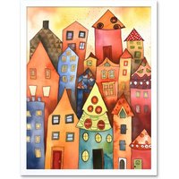 Artery8 Wall Art Print Colourful Townscape Folk Art Watercolour Painting Art Framed in White | Size: W12" x H16"