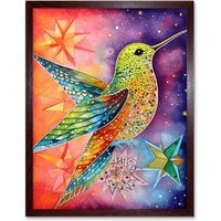 Artery8 Wall Art Print Hummingbird In Vibrant Astral Field Folk Art Watercolour Painting Art Framed in Brown | Size: W12" x H16"