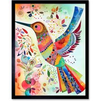 Artery8 Wall Art Print Hummingbird With Multicolour Pattern Feathers Folk Art Watercolour Painting Art Framed in Black | Size: W12" x H16"