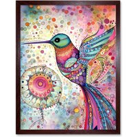 Artery8 Wall Art Print Hummingbird With Mandala Patterns Colourful Folk Art Watercolour Painting Art Framed in Brown | Size: W12" x H16"