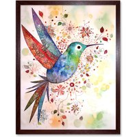 Artery8 Wall Art Print Hummingbird With Flower Patterns Folk Art Watercolour Painting Art Framed in Brown | Size: W12" x H16"