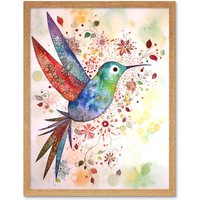 Artery8 Wall Art Print Hummingbird With Flower Patterns Folk Art Watercolour Painting Art Framed in Light Oak | Size: W12" x H16"