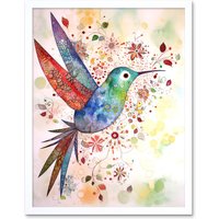 Artery8 Wall Art Print Hummingbird With Flower Patterns Folk Art Watercolour Painting Art Framed in White | Size: W12" x H16"