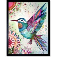 Artery8 Wall Art Print Hummingbird With Multicolour Mandala Patterns Folk Art Watercolour Painting Art Framed in Black | Size: W12" x H16"
