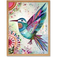 Artery8 Wall Art Print Hummingbird With Multicolour Mandala Patterns Folk Art Watercolour Painting Art Framed in Light Oak | Size: W12" x H16"