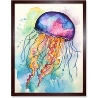Artery8 Wall Art Print Jellyfish Swimming Folk Art Watercolour Painting Art Framed in Brown | Size: W12" x H16"