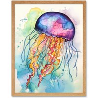 Artery8 Wall Art Print Jellyfish Swimming Folk Art Watercolour Painting Art Framed in Light Oak | Size: W12" x H16"