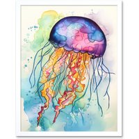 Artery8 Wall Art Print Jellyfish Swimming Folk Art Watercolour Painting Art Framed in White | Size: W12" x H16"
