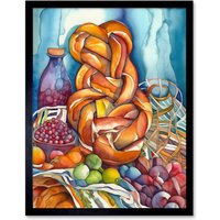 Artery8 Wall Art Print Jewish Challah Bread & Fruit Folk Art Watercolour Painting Art Framed in Black | Size: W12" x H16"