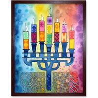 Artery8 Wall Art Print Jewish Menorah Candles Multicolour Folk Art Watercolour Painting Art Framed in Brown | Size: W12" x H16"