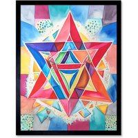 Artery8 Wall Art Print Jewish Star Of David Bright Multicoloured Folk Art Watercolour Painting Art Framed in Black | Size: W12" x H16"
