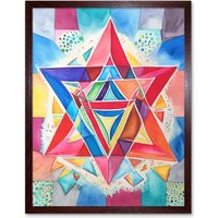 Artery8 Wall Art Print Jewish Star Of David Bright Multicoloured Folk Art Watercolour Painting Art Framed in Brown | Size: W12" x H16"