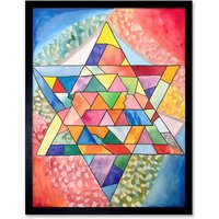 Artery8 Wall Art Print Jewish Star Of David Patterns Geometric Folk Art Watercolour Painting Art Framed in Black | Size: W12" x H16"