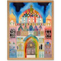 Artery8 Wall Art Print Jewish Synagogue Decorated Facade Folk Art Watercolour Painting Art Framed in Light Oak | Size: W12" x H16"