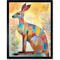 Artery8 Wall Art Print Multicoloured Kangaroo Folk Art Watercolour Painting Art Framed in Black | Size: W12" x H16"