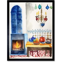 Artery8 Wall Art Print Kitchen Fireplace In Traditional Spanish Home Folk Art Watercolour Painting Art Framed in Black | Size: W12" x H16"