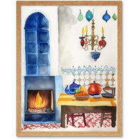 Artery8 Wall Art Print Kitchen Fireplace In Traditional Spanish Home Folk Art Watercolour Painting Art Framed in Light Oak | Size: W12" x H16"
