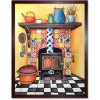 Artery8 Wall Art Print Kitchen Hearth Fireplace With Multicoloured Tiles Folk Art Watercolour Painting Art Framed in Brown | Size: W12" x H16"