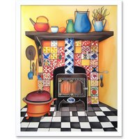 Artery8 Wall Art Print Kitchen Hearth Fireplace With Multicoloured Tiles Folk Art Watercolour Painting Art Framed in White | Size: W12" x H16"