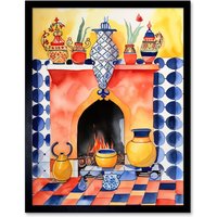 Artery8 Wall Art Print Kitchen Hearth Fireplace With Coloured Tiles Folk Art Watercolour Painting Art Framed in Black | Size: W12" x H16"