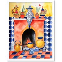 Artery8 Wall Art Print Kitchen Hearth Fireplace With Coloured Tiles Folk Art Watercolour Painting Art Framed in White | Size: W12" x H16"