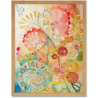 Artery8 Wall Art Print Lace Pattern Flower Blooms Folk Art Watercolour Painting Art Framed in Light Oak | Size: W12" x H16"