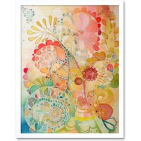 Artery8 Wall Art Print Lace Pattern Flower Blooms Folk Art Watercolour Painting Art Framed in White | Size: W12" x H16"