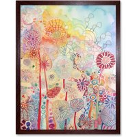 Artery8 Wall Art Print Lace Pattern Flowers Multicoloured Folk Art Watercolour Painting Art Framed in Brown | Size: W12" x H16"