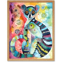 Artery8 Wall Art Print Striped Ring-Tailed Lemur Multicoloured Folk Art Watercolour Painting Art Framed in Light Oak | Size: W12" x H16"