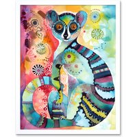 Artery8 Wall Art Print Striped Ring-Tailed Lemur Multicoloured Folk Art Watercolour Painting Art Framed in White | Size: W12" x H16"