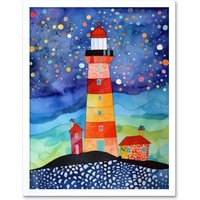Artery8 Wall Art Print Lighthouse On Starry Night Folk Art Watercolour Painting Art Framed in White | Size: W12" x H16"