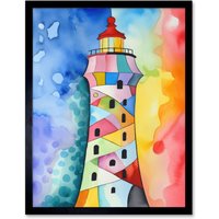 Artery8 Wall Art Print Lighthouse Concept With Rainbow Colour Sky Folk Art Watercolour Painting Art Framed in Black | Size: W12" x H16"