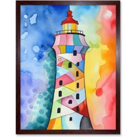 Artery8 Wall Art Print Lighthouse Concept With Rainbow Colour Sky Folk Art Watercolour Painting Art Framed in Brown | Size: W12" x H16"