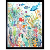 Artery8 Wall Art Print Aquatic Scene Marine Life Folk Art Watercolour Painting Art Framed in Black | Size: W12" x H16"
