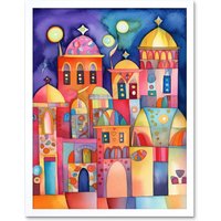 Artery8 Wall Art Print Brightly Decorated Buildings At Night Folk Art Watercolour Painting Art Framed in White | Size: W12" x H16"