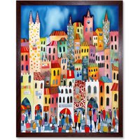 Artery8 Wall Art Print Busy Street Vertical Cityscape Folk Art Watercolour Painting Art Framed in Brown | Size: W12" x H16"