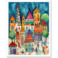 Artery8 Wall Art Print Town Market Square Afternoon Shoppers Folk Art Watercolour Painting Art Framed in White | Size: W12" x H16"