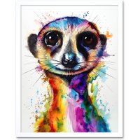 Artery8 Wall Art Print Meerkat Splash Paint Watercolour Painting Art Framed in White | Size: W12" x H16"