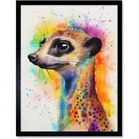 Artery8 Wall Art Print Meerkat Multicoloured Portrait Watercolour Painting Art Framed in Black | Size: W12" x H16"