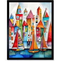 Artery8 Wall Art Print Modern Marina Colourful Port Folk Art Watercolour Painting Art Framed in Black | Size: W12" x H16"