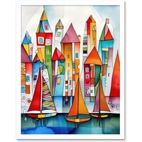 Artery8 Wall Art Print Modern Marina Colourful Port Folk Art Watercolour Painting Art Framed in White | Size: W12" x H16"
