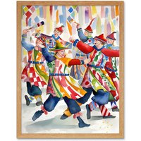 Artery8 Wall Art Print Morris Dancers Dancing Folk Art Watercolour Painting Art Framed in Light Oak | Size: W12" x H16"