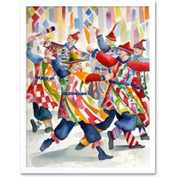 Artery8 Wall Art Print Morris Dancers Dancing Folk Art Watercolour Painting Art Framed in White | Size: W12" x H16"
